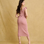 hello ronron | Gabrielle Dress Rosewood Pink | V-Neck Bustier Back tie Frill Sleeve Midi Mermaid Pointelle Knit Dress