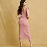 hello ronron | Gabrielle Dress Rosewood Pink | V-Neck Bustier Back tie Frill Sleeve Midi Mermaid Pointelle Knit Dress