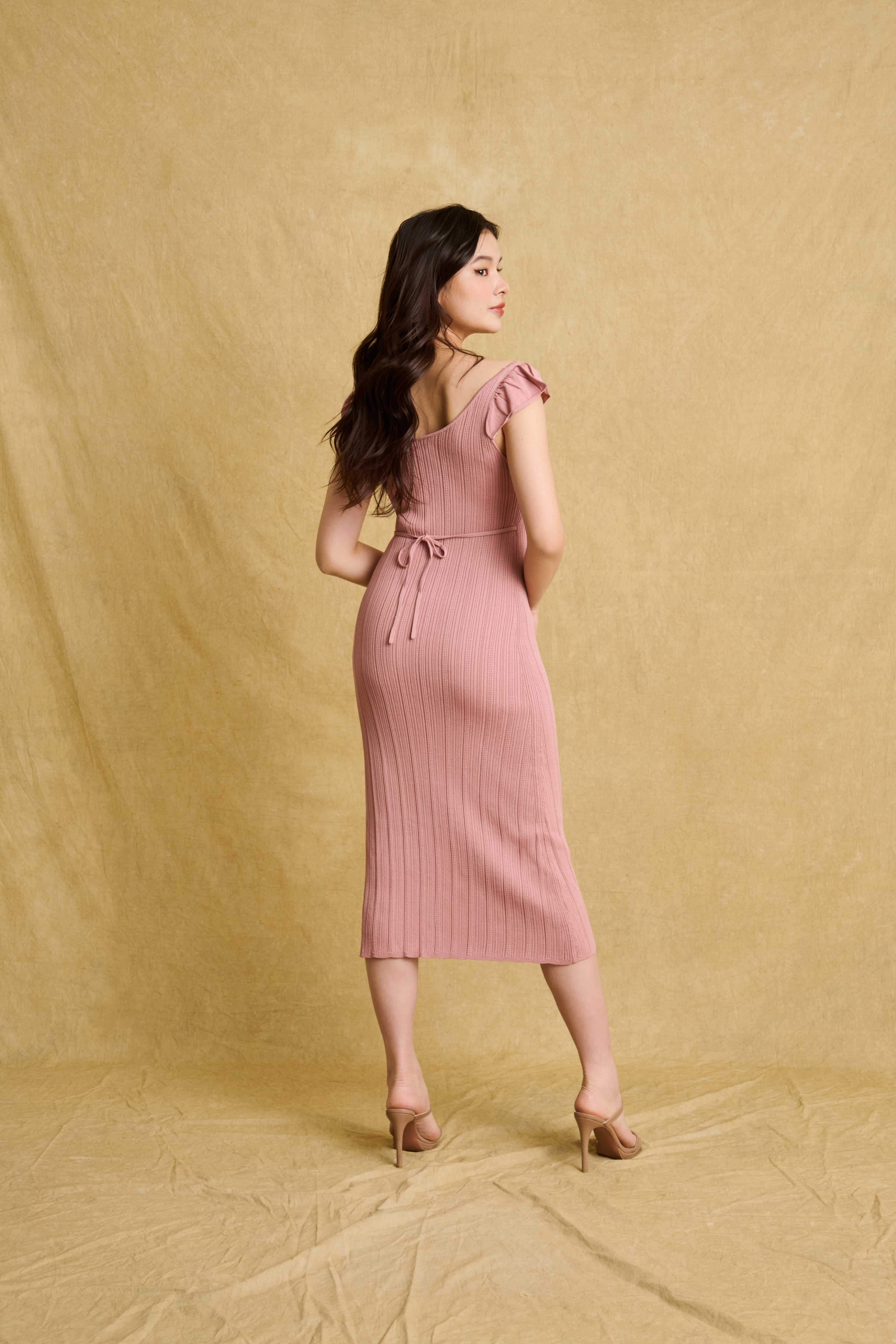 hello ronron | Gabrielle Dress Rosewood Pink | V-Neck Bustier Back tie Frill Sleeve Midi Mermaid Pointelle Knit Dress