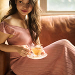 hello ronron | Gabrielle Dress Rosewood Pink | V-Neck Bustier Back tie Frill Sleeve Midi Mermaid Pointelle Knit Dress