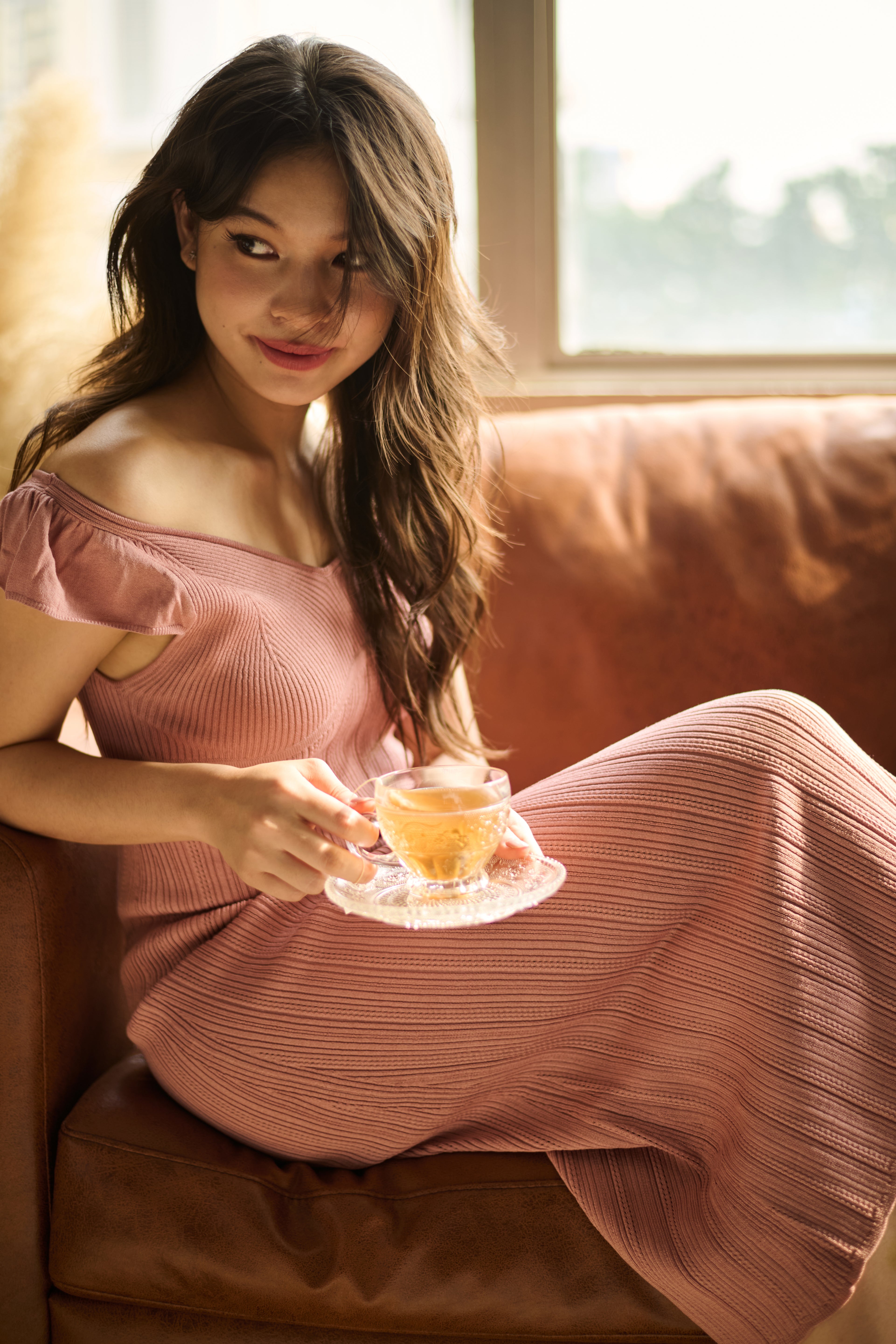 hello ronron | Gabrielle Dress Rosewood Pink | V-Neck Bustier Back tie Frill Sleeve Midi Mermaid Pointelle Knit Dress