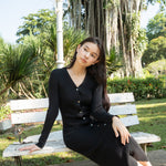 hello ronron | Sophia Dress Black | V-neck Longsleeve Mother of Pearl Button-down Midi Cable Knit Dress