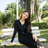 hello ronron | Sophia Dress Black | V-neck Longsleeve Mother of Pearl Button-down Midi Cable Knit Dress