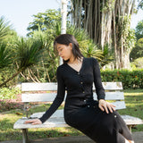 hello ronron | Sophia Dress Black | V-neck Longsleeve Mother of Pearl Button-down Midi Cable Knit Dress