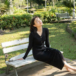 hello ronron | Sophia Dress Black | V-neck Longsleeve Mother of Pearl Button-down Midi Cable Knit Dress