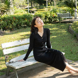 hello ronron | Sophia Dress Black | V-neck Longsleeve Mother of Pearl Button-down Midi Cable Knit Dress