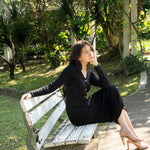 hello ronron | Sophia Dress Black | V-neck Longsleeve Mother of Pearl Button-down Midi Cable Knit Dress