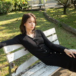hello ronron | Sophia Dress Black | V-neck Longsleeve Mother of Pearl Button-down Midi Cable Knit Dress