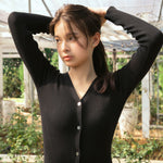 hello ronron | Sophia Dress Black | V-neck Longsleeve Mother of Pearl Button-down Midi Cable Knit Dress