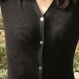 hello ronron | Sophia Dress Black | V-neck Longsleeve Mother of Pearl Button-down Midi Cable Knit Dress