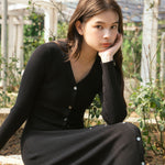 hello ronron | Sophia Dress Black | V-neck Longsleeve Mother of Pearl Button-down Midi Cable Knit Dress