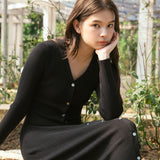 hello ronron | Sophia Dress Black | V-neck Longsleeve Mother of Pearl Button-down Midi Cable Knit Dress