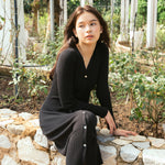 hello ronron | Sophia Dress Black | V-neck Longsleeve Mother of Pearl Button-down Midi Cable Knit Dress