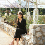 hello ronron | Sophia Dress Black | V-neck Longsleeve Mother of Pearl Button-down Midi Cable Knit Dress
