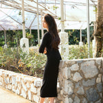 hello ronron | Sophia Dress Black | V-neck Longsleeve Mother of Pearl Button-down Midi Cable Knit Dress