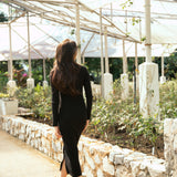 hello ronron | Sophia Dress Black | V-neck Longsleeve Mother of Pearl Button-down Midi Cable Knit Dress