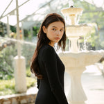 hello ronron | Sophia Dress Black | V-neck Longsleeve Mother of Pearl Button-down Midi Cable Knit Dress