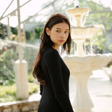 hello ronron | Sophia Dress Black | V-neck Longsleeve Mother of Pearl Button-down Midi Cable Knit Dress