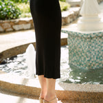hello ronron | Sophia Dress Black | V-neck Longsleeve Mother of Pearl Button-down Midi Cable Knit Dress