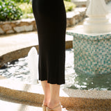 hello ronron | Sophia Dress Black | V-neck Longsleeve Mother of Pearl Button-down Midi Cable Knit Dress