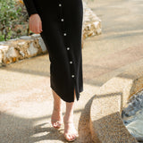 hello ronron | Sophia Dress Black | V-neck Longsleeve Mother of Pearl Button-down Midi Cable Knit Dress