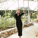 hello ronron | Sophia Dress Black | V-neck Longsleeve Mother of Pearl Button-down Midi Cable Knit Dress