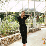 hello ronron | Sophia Dress Black | V-neck Longsleeve Mother of Pearl Button-down Midi Cable Knit Dress