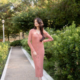 hello ronron | Sophia Dress Rosewood Pink | V-neck Longsleeve Mother of Pearl Button-down Midi Cable Knit Dress