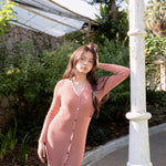 hello ronron | Sophia Dress Rosewood Pink | V-neck Longsleeve Mother of Pearl Button-down Midi Cable Knit Dress