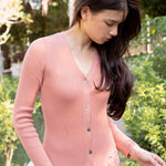 hello ronron | Sophia Dress Rosewood Pink | V-neck Longsleeve Mother of Pearl Button-down Midi Cable Knit Dress