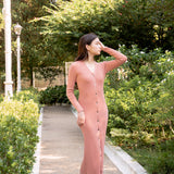 hello ronron | Sophia Dress Rosewood Pink | V-neck Longsleeve Mother of Pearl Button-down Midi Cable Knit Dress
