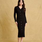 hello ronron | Sophia Dress Black | V-neck Longsleeve Mother of Pearl Button-down Midi Cable Knit Dress