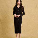 hello ronron | Sophia Dress Black | V-neck Longsleeve Mother of Pearl Button-down Midi Cable Knit Dress