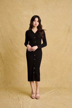 hello ronron | Sophia Dress Black | V-neck Longsleeve Mother of Pearl Button-down Midi Cable Knit Dress