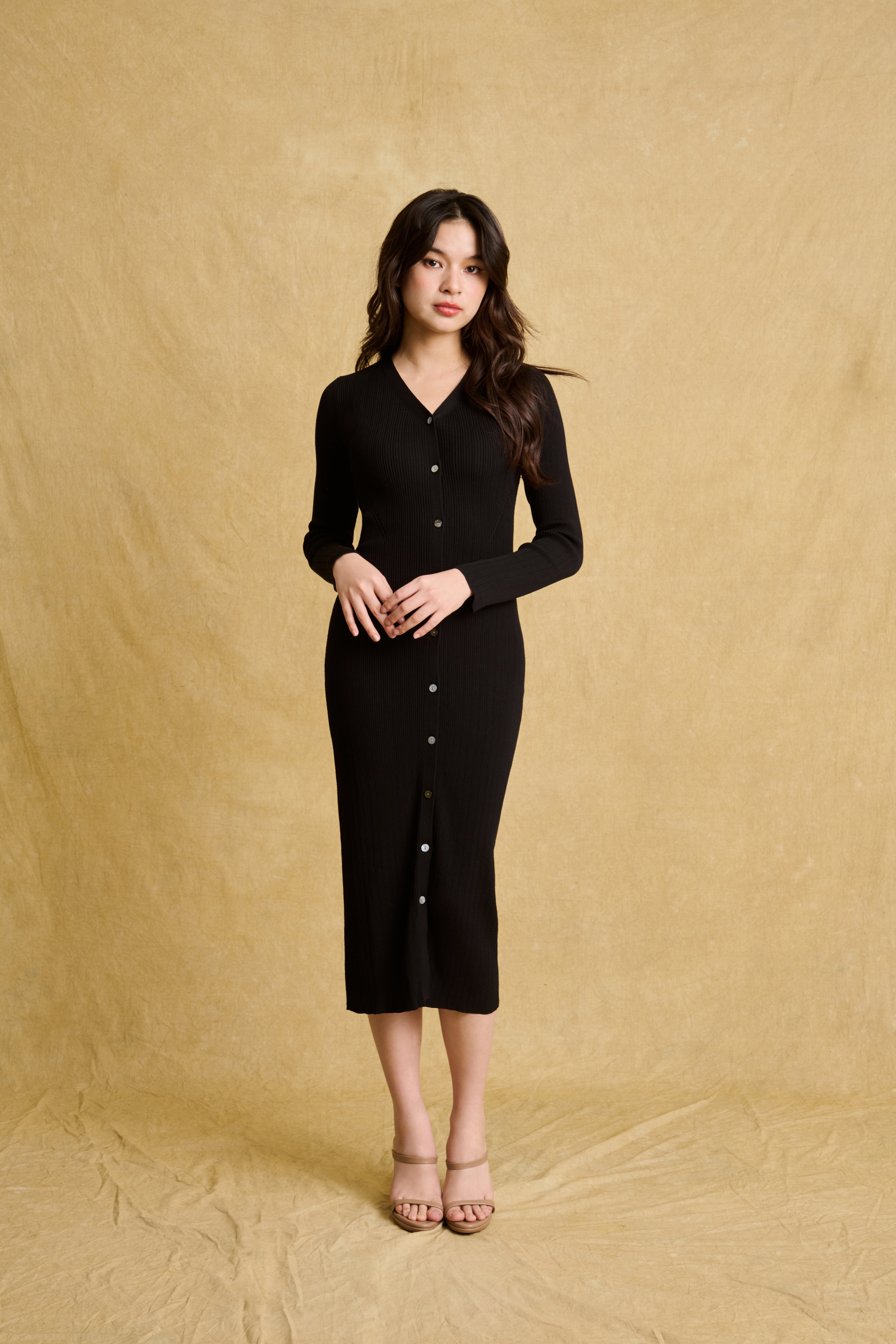 Sophia Dress Black | V-Neck Long Knit Cardigan Dress with Sculpted Detailing hello ronron Sophia Dress Black | V-Neck Long Knit Cardigan Dress with Sculpted Detailing hello ronron