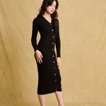 hello ronron | Sophia Dress Black | V-neck Longsleeve Mother of Pearl Button-down Midi Cable Knit Dress