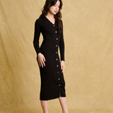 hello ronron | Sophia Dress Black | V-neck Longsleeve Mother of Pearl Button-down Midi Cable Knit Dress