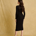 hello ronron | Sophia Dress Black | V-neck Longsleeve Mother of Pearl Button-down Midi Cable Knit Dress
