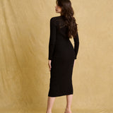 hello ronron | Sophia Dress Black | V-neck Longsleeve Mother of Pearl Button-down Midi Cable Knit Dress