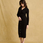 hello ronron | Sophia Dress Black | V-neck Longsleeve Mother of Pearl Button-down Midi Cable Knit Dress