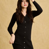 hello ronron | Sophia Dress Black | V-neck Longsleeve Mother of Pearl Button-down Midi Cable Knit Dress