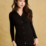 hello ronron | Sophia Dress Black | V-neck Longsleeve Mother of Pearl Button-down Midi Cable Knit Dress
