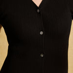 hello ronron | Sophia Dress Black | V-neck Longsleeve Mother of Pearl Button-down Midi Cable Knit Dress