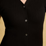 hello ronron | Sophia Dress Black | V-neck Longsleeve Mother of Pearl Button-down Midi Cable Knit Dress