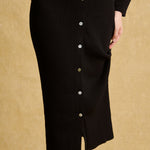 hello ronron | Sophia Dress Black | V-neck Longsleeve Mother of Pearl Button-down Midi Cable Knit Dress