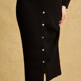 hello ronron | Sophia Dress Black | V-neck Longsleeve Mother of Pearl Button-down Midi Cable Knit Dress