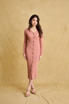 hello ronron | Sophia Dress Rosewood Pink | V-neck Longsleeve Mother of Pearl Button-down Midi Cable Knit Dress