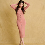 hello ronron | Sophia Dress Rosewood Pink | V-neck Longsleeve Mother of Pearl Button-down Midi Cable Knit Dress