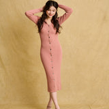 hello ronron | Sophia Dress Rosewood Pink | V-neck Longsleeve Mother of Pearl Button-down Midi Cable Knit Dress