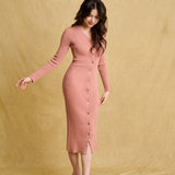 hello ronron | Sophia Dress Rosewood Pink | V-neck Longsleeve Mother of Pearl Button-down Midi Cable Knit Dress